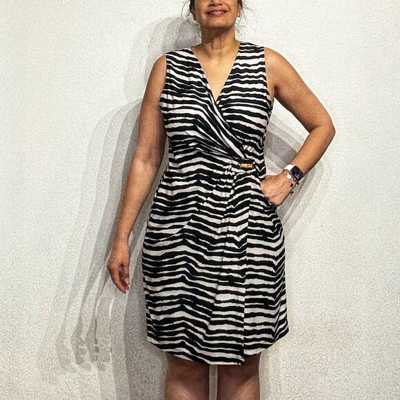 Amanda Lane Cream Zebra Print Faux Wrap Vintage Midi Dress Sz L - Picture 1 of 11